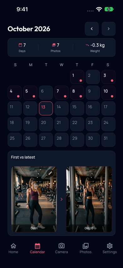 ProgressPics October calendar with saved photo dates marked