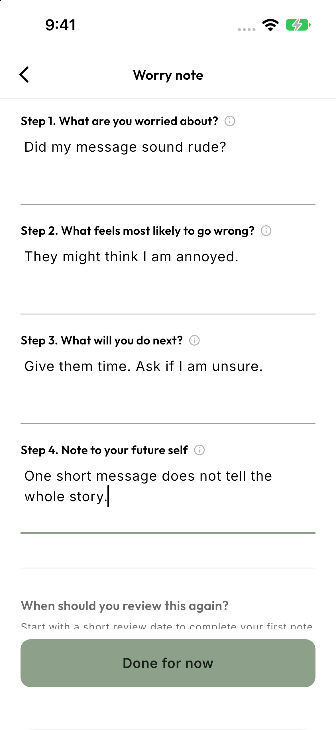 SettleNote worry note form with guided questions and review date choices